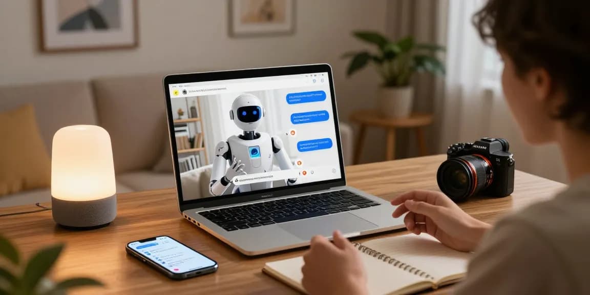 Engaging in ai porn chat on a laptop in a cozy living room with smart home devices.