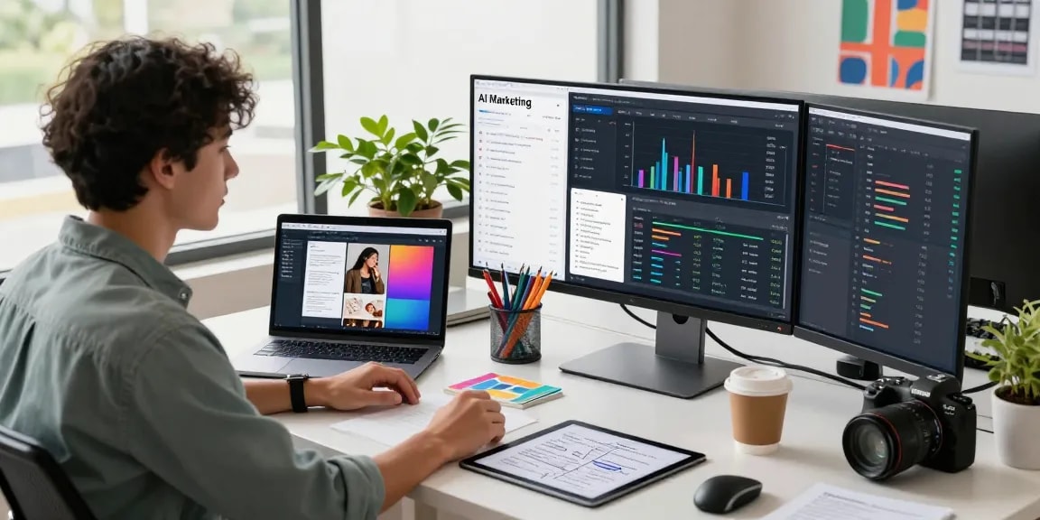 Professional utilizing AI marketing tools in a modern workspace to enhance digital campaigns.