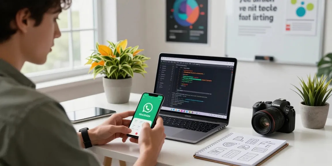 Engaging workspace with user checking WhatsApp下載 on smartphone in modern office setting.