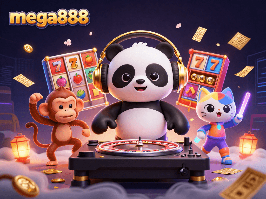 Mainkan mega888 dengan DJ panda 3D dan elemen permainan kasino yang meriah.