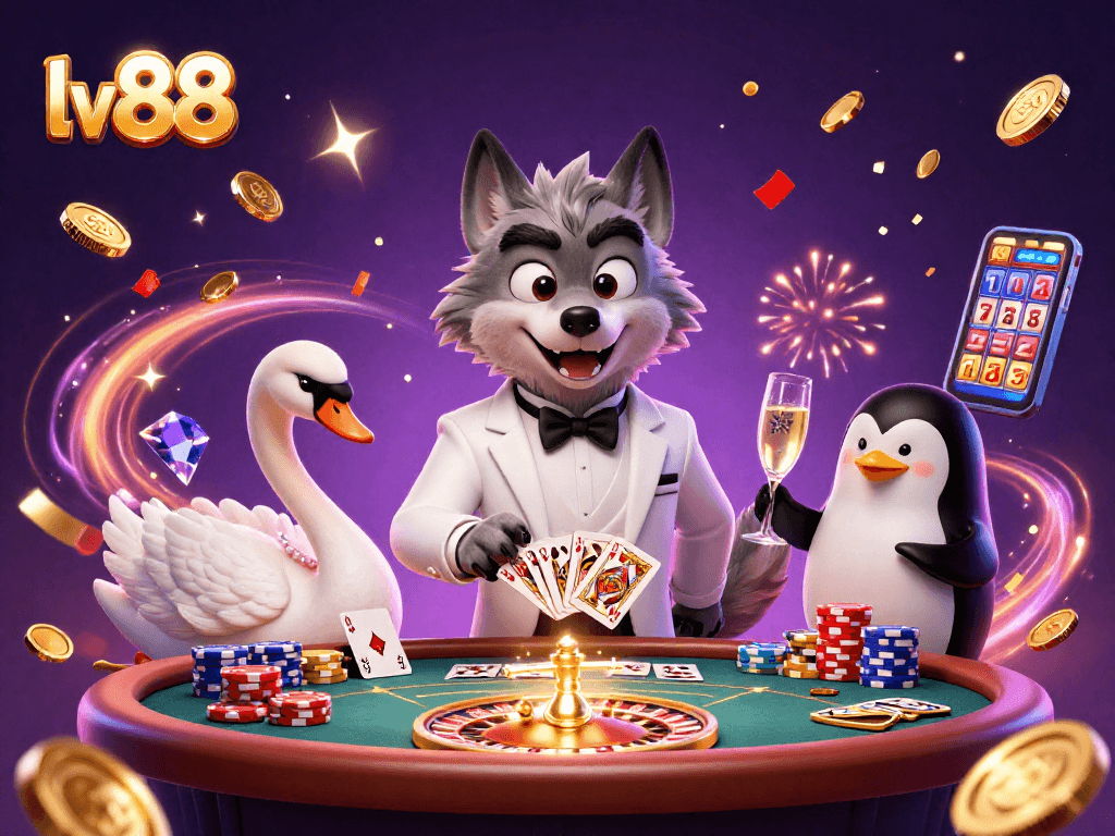 Win big at lv88 with a dynamic 3D casino scene featuring a debonair wolf, elegant swan, and sophisticated penguin.