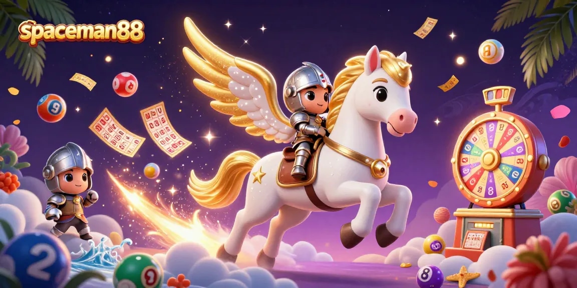 Experience the thrill of spaceman88 with a vibrant 3D illustration of a celestial horse in a lottery scene.