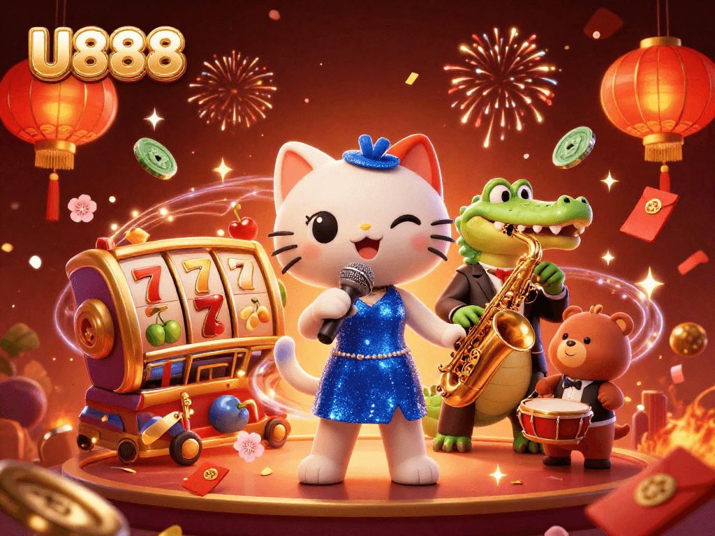 Catch the excitement at U888's vibrant casino stage with a jazzy cat and friends!