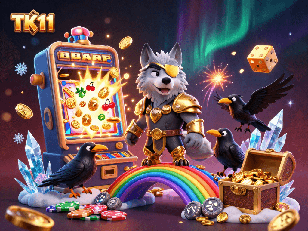 Engage in thrilling gameplay at TK11 Casino with a lively Norse mythology-themed illustration.