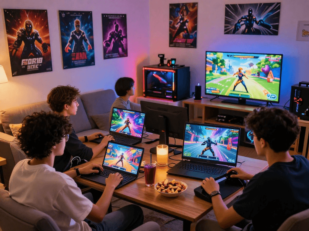 Group of friends enjoying an interactive porngame session in a cozy gaming environment.