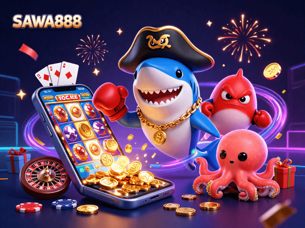 SAWA888 pirate shark, an angry pufferfish boxing, and a gold coin-holding octopus illustrate dynamic casino excitement.