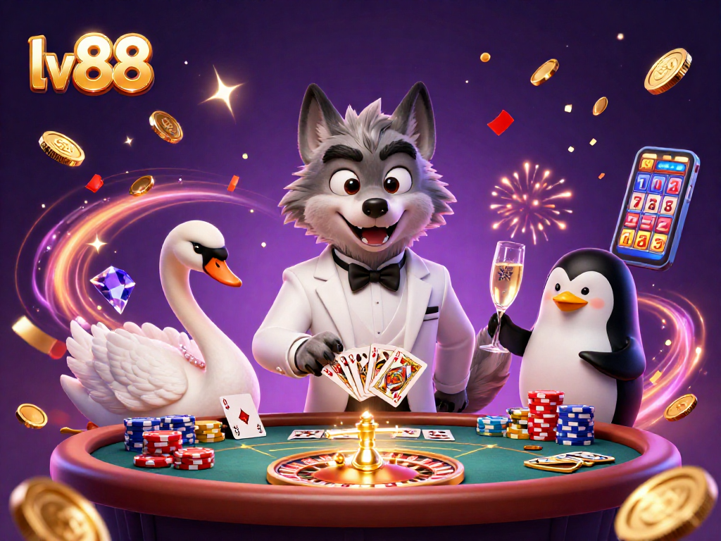 Win big at lv88 with a dynamic 3D casino scene featuring a debonair wolf, elegant swan, and sophisticated penguin.