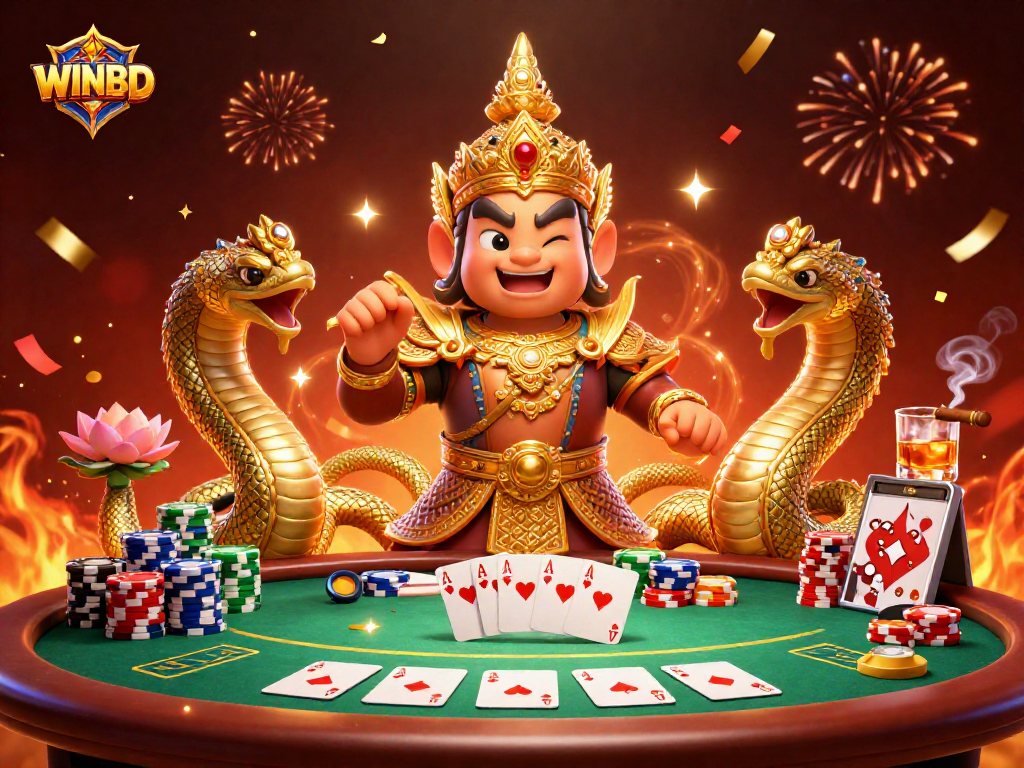 WINBD players engage with vibrant poker action and festive celebrations in this exciting casino scene