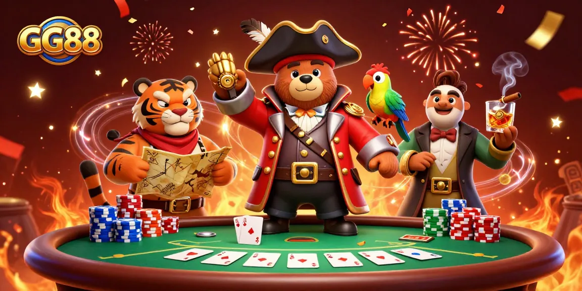 Experience thrilling poker action with GG88 in this vibrant digital illustration featuring a pirate captain bear.