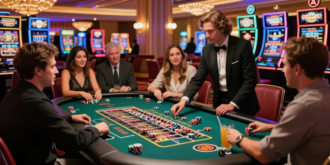 Exciting Vegas88 casino scene with players at roulette table amidst neon lighting.