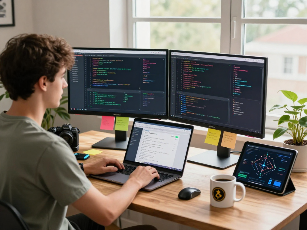 Developer analyzing tornardocash analytics in a modern home office with dual monitors and blockchain data.