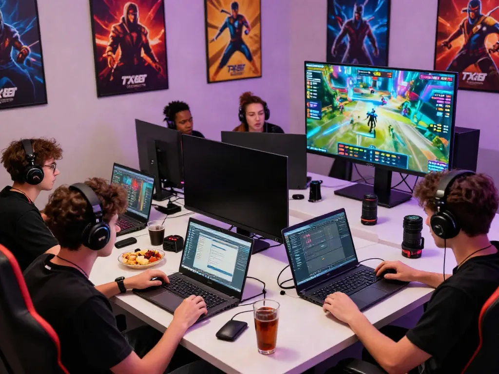 Players engaging on TX88 platform with laptops and snacks, showcasing vibrant gaming atmosphere.