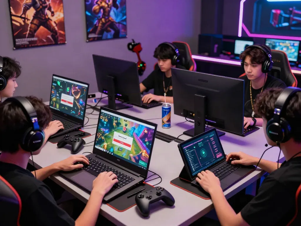 Dewatogel login environment showcasing enthusiastic gamers using laptops and smartphones in a vibrant gaming hub.