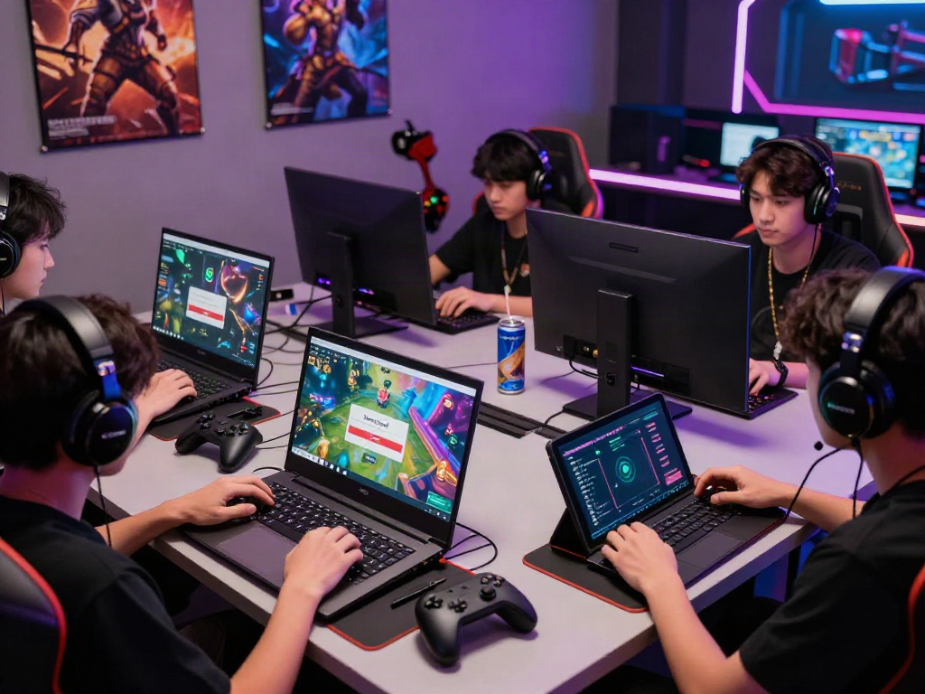 Dewatogel login environment showcasing enthusiastic gamers using laptops and smartphones in a vibrant gaming hub.