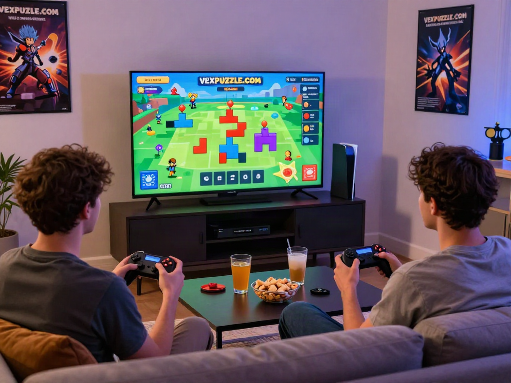 Players enjoying VexPuzzle.com on a couch with vibrant game interface on TV.