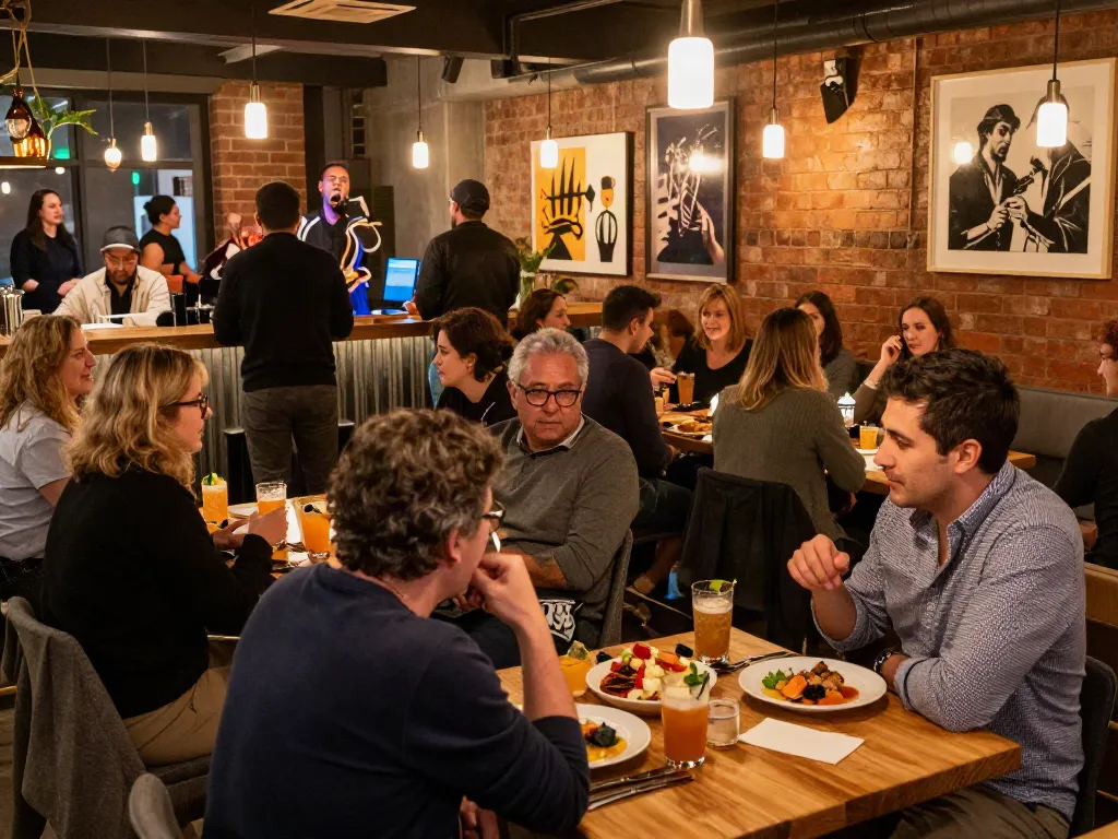 Patrons enjoying lively evening at bedfordsocialclub.com with drinks and gourmet food.