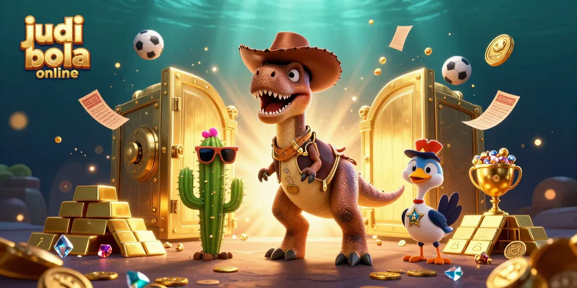 Experience thrilling judi bola online action with cartoon dinosaur and betting elements in a vibrant 3D scene.