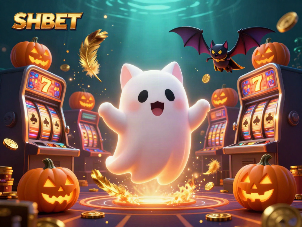 Engage with SHBET's vibrant casino experience featuring a friendly ghost cat and playful bat.