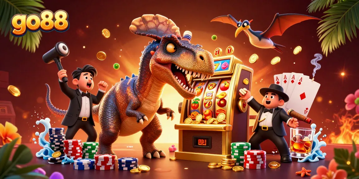 Experience the excitement of go88 as vibrant characters unveil jackpot coins in a dazzling casino scene.