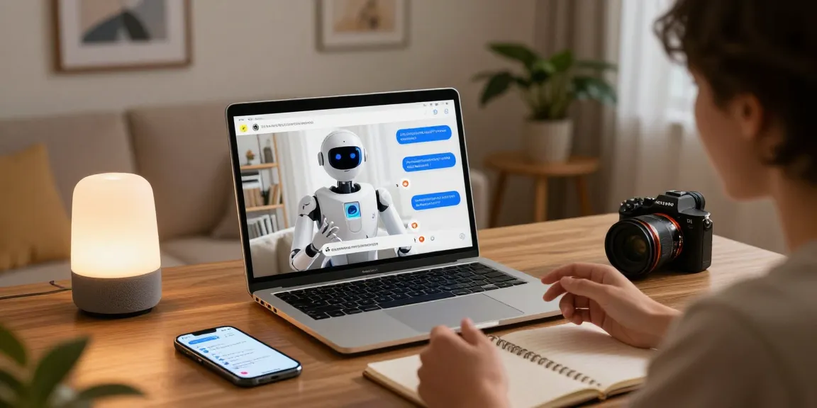Engaging in ai porn chat on a laptop in a cozy living room with smart home devices.