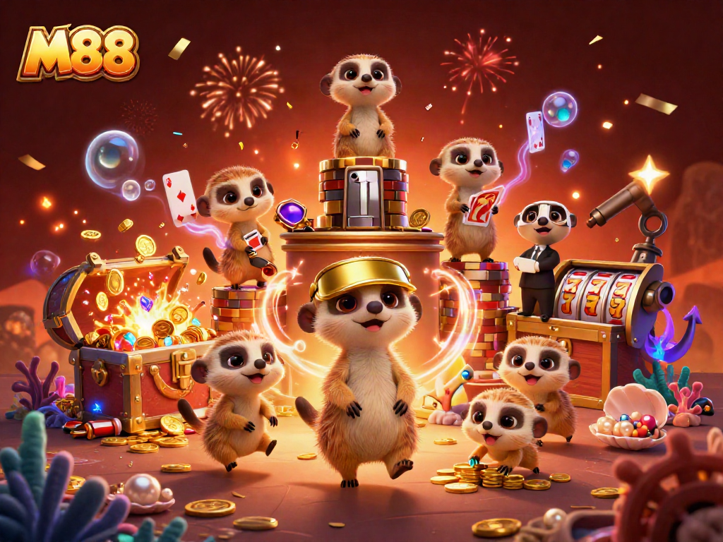 M88 promotes excitement with cartoon meerkats running a vibrant casino, showcasing slot action and colorful gems.