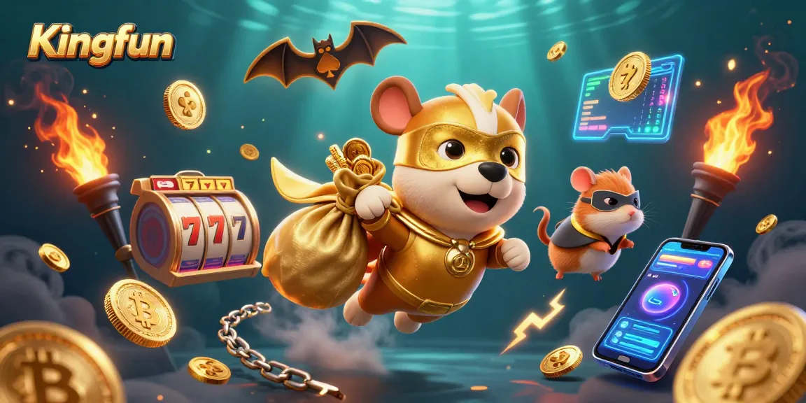 Watch Kingfun's superhero dog collect gold coins in an exciting gaming scene with slot elements