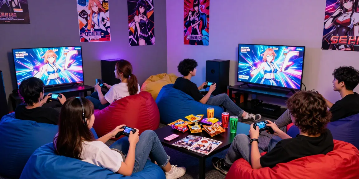Friends enjoying ecchi games in a vibrant gaming lounge with colorful LED lights and snacks.