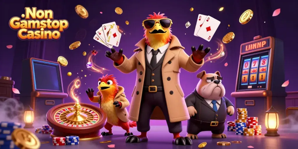 Three raptors in disguise attempt entry to a "Non Gamstop Casino" VIP lounge surrounded by casino elements.