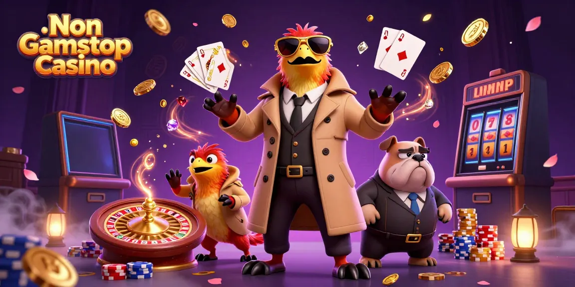 Three raptors in disguise attempt entry to a "Non Gamstop Casino" VIP lounge surrounded by casino elements.
