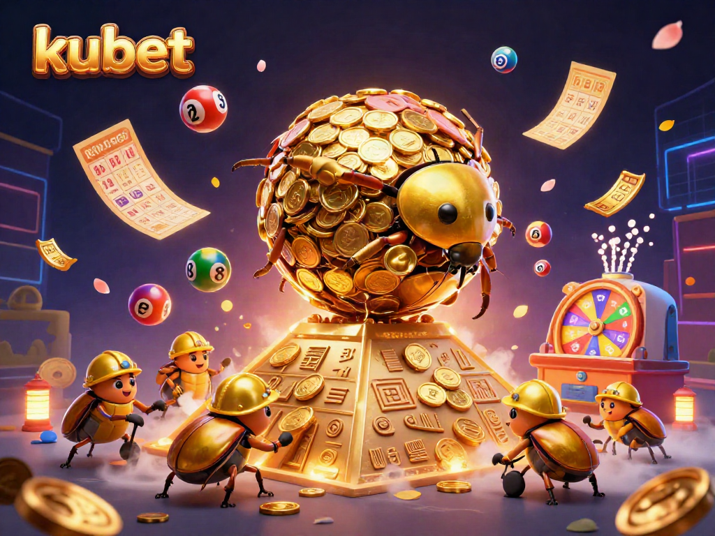Kubet features a golden dung beetle rolling a massive coin ball, surrounded by lively lottery elements.