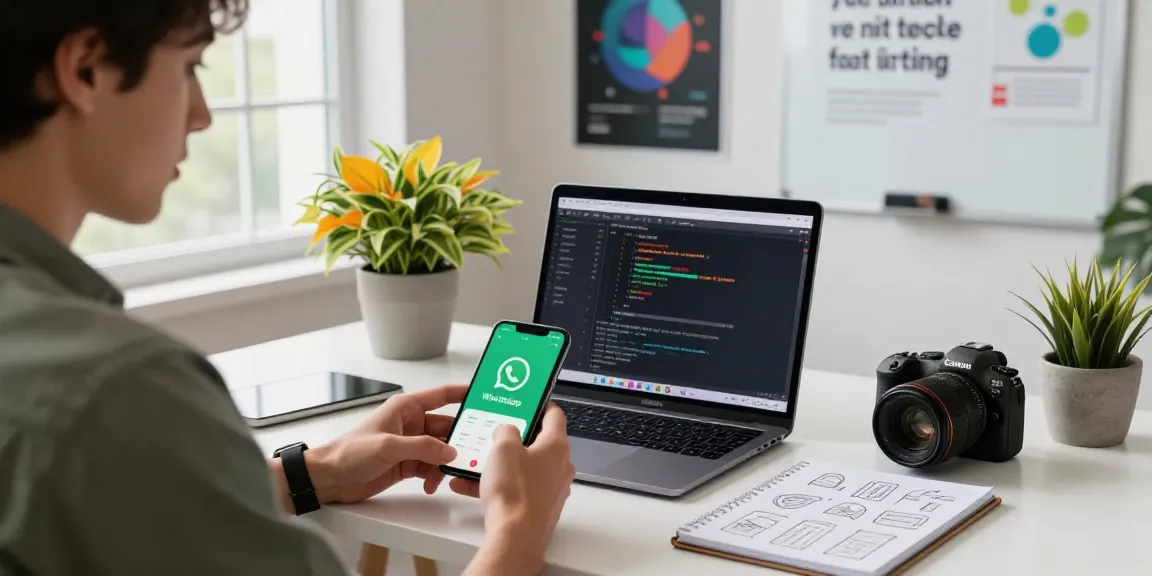 Engaging workspace with user checking WhatsApp下載 on smartphone in modern office setting.