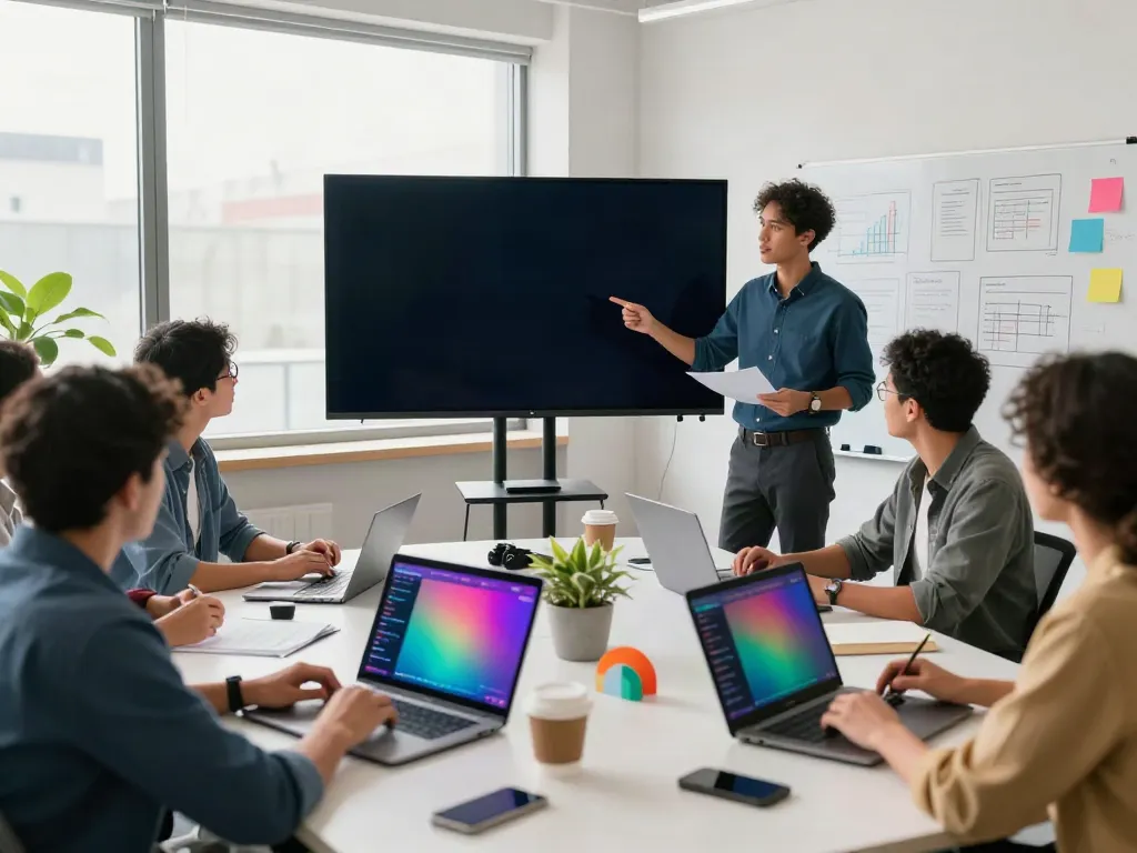 Digital marketing team discussing instant indexing strategies in a modern office.