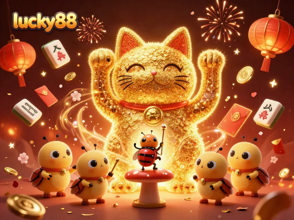 Engage with lucky88 through a vibrant illustration of a magical casino-themed cat.