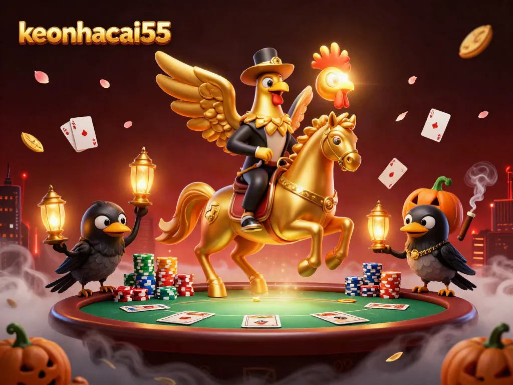 Engage with keonhacai55 in this vibrant casino scene showcasing a golden rooster and spectral horse.