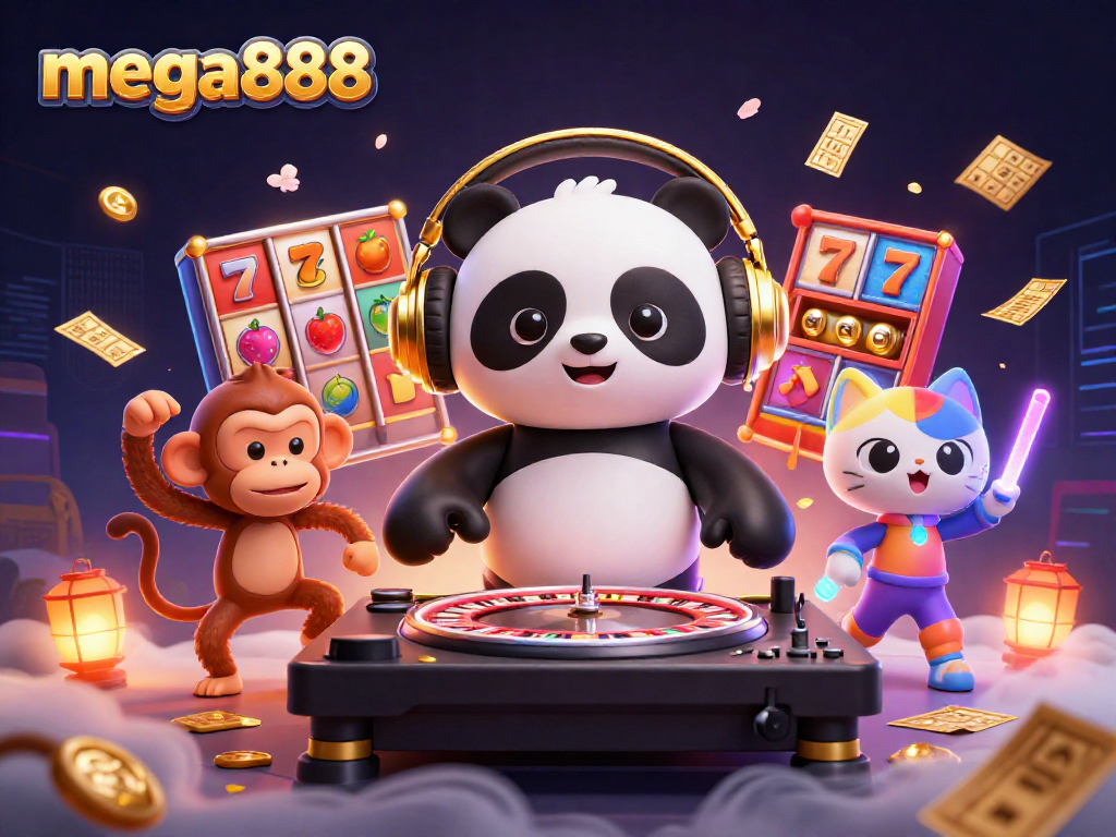 Mainkan mega888 dengan DJ panda 3D dan elemen permainan kasino yang meriah.