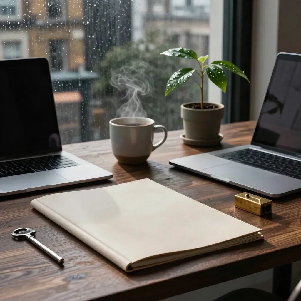 Shoreditch founder workspace with laptop, folio, coffee, sapling and rain-glow at dawn.