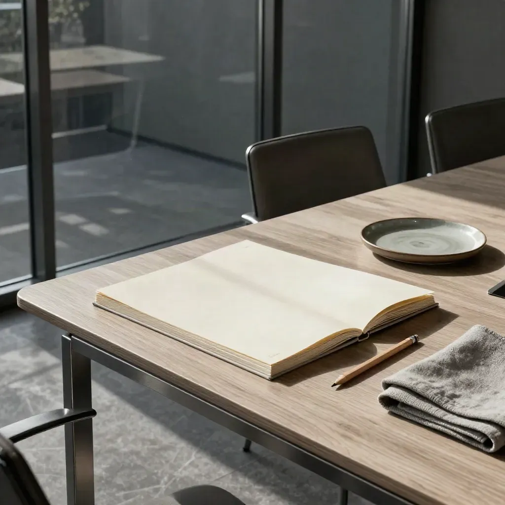 Glass meeting room after a deck review, with a folio, pencil, linen cloth and ceramic tray in sunlight.