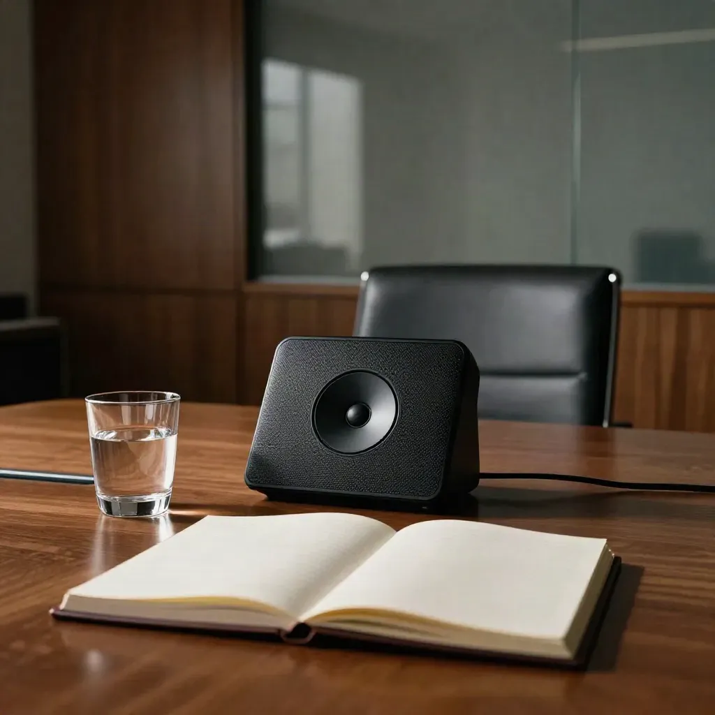 Empty boardroom table with speakerphone, face-down notebook, water glass and pulled-back chair.