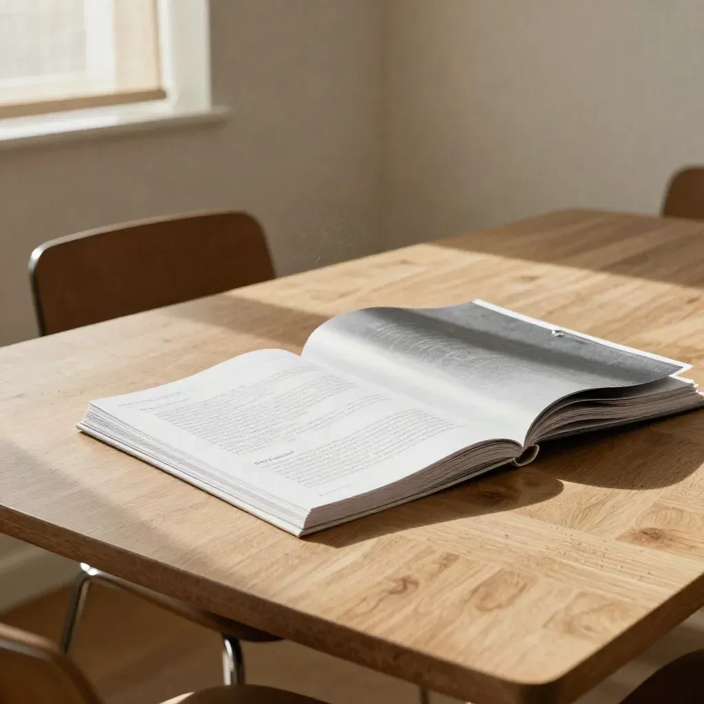 Face-down pitch deck pages on a pale oak table in a sunlit meeting room, chair tipped back.
