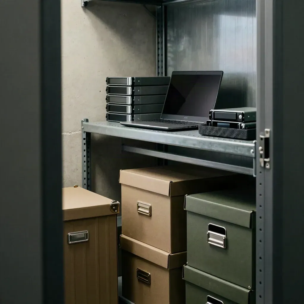 Discreet office data-room shelf with archive boxes, laptop, drives and a hard case in cool haze.