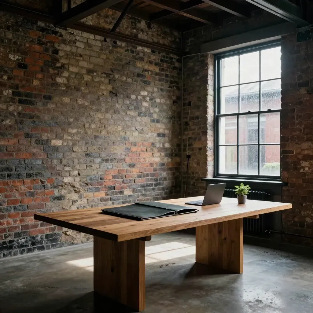 Moody startup studio in a former mill with brick, heavy table, closed folio and plant in gray noon light.
