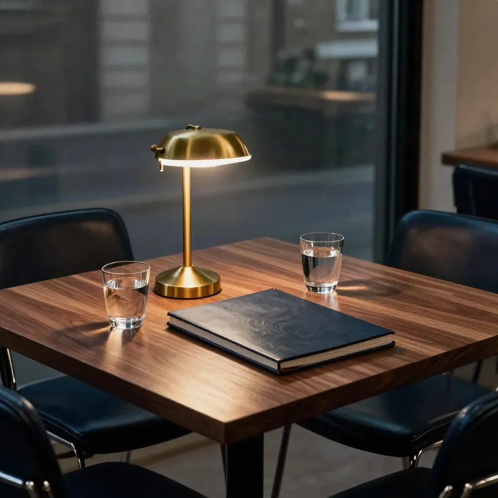 Private investor meeting table with three empty chairs, brass lamp, sealed folio and water glasses at dusk.