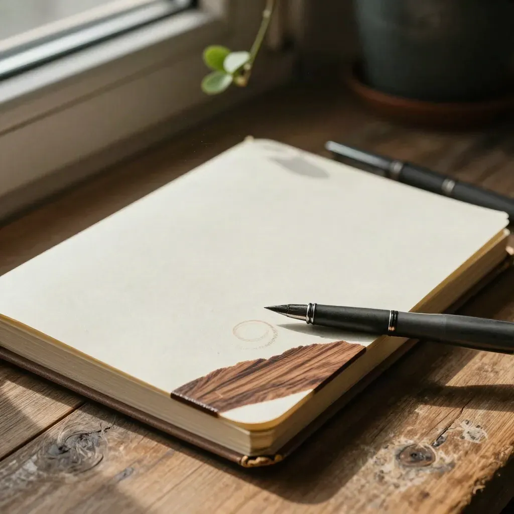 Closed notebook, pen, coffee ring and small plant in dramatic daylight