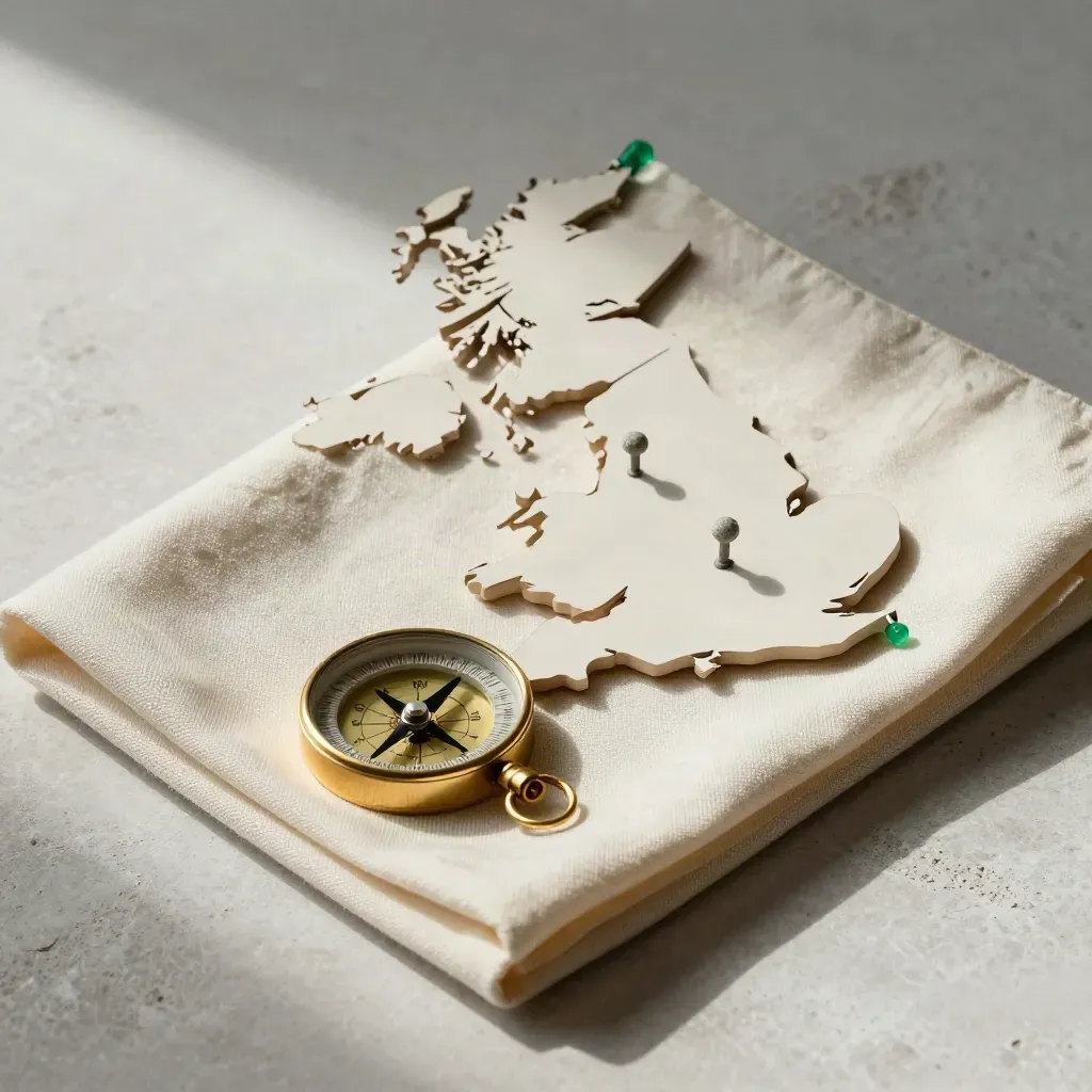 Cream cloth, brass compass and stone pins on a pale UK map board