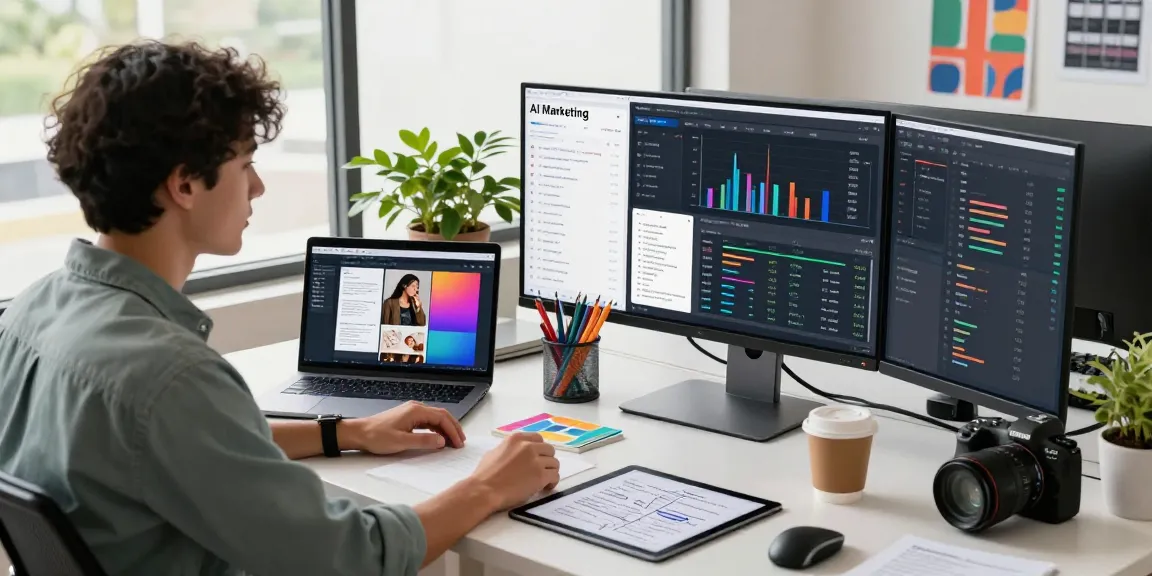Professional utilizing AI marketing tools in a modern workspace to enhance digital campaigns.