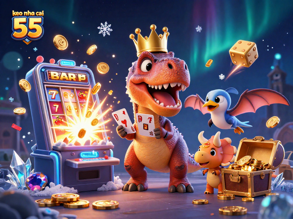 Play at keo nha cai 55 while a cartoon T-Rex shuffles cards with help in a vibrant casino scene.