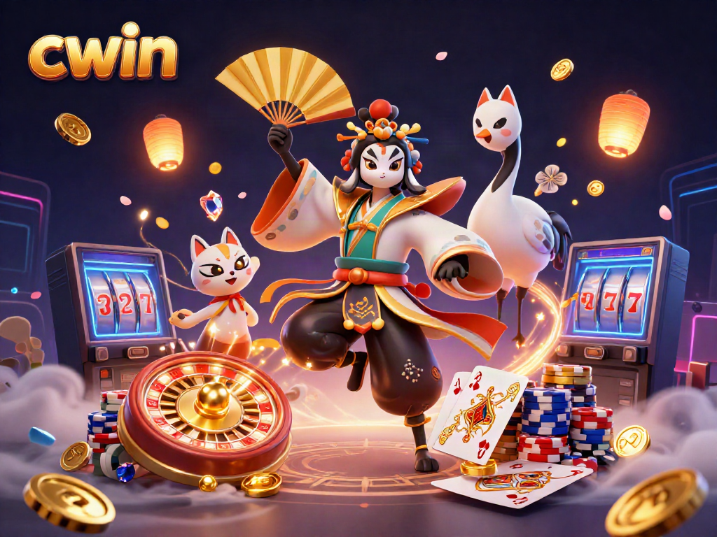 Experience the vibrant world of CWIN with a kabuki warrior, mystical spirits, and dynamic casino elements.