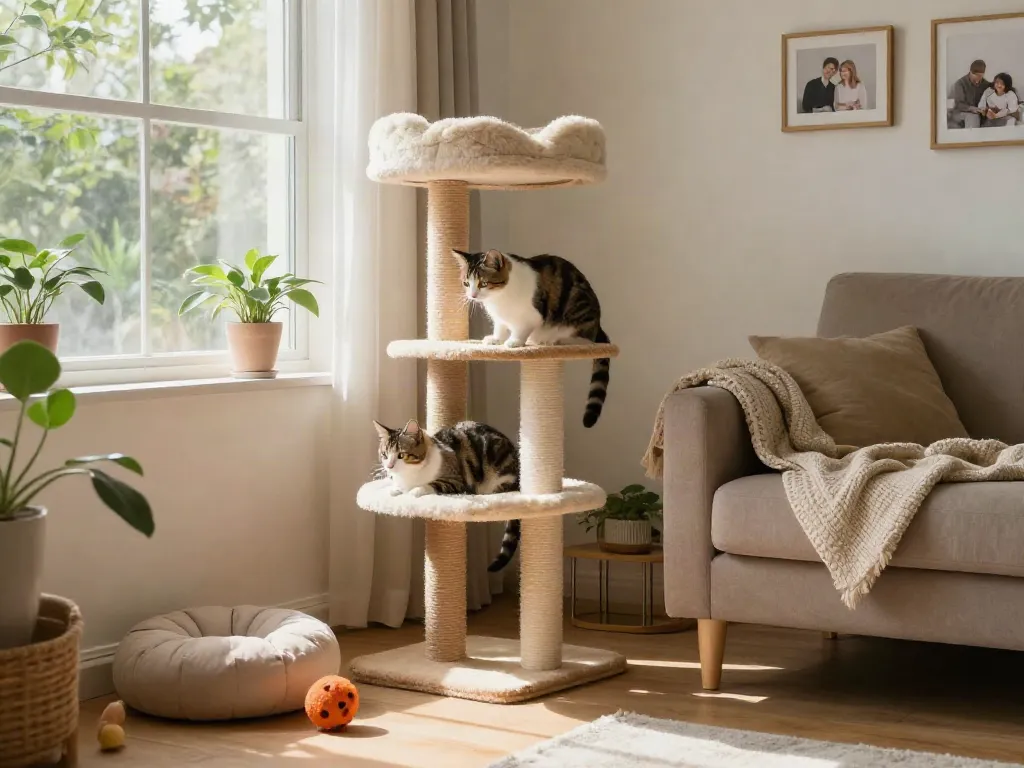 Stylish cat tower in a bright living room with an indoor cat exploring