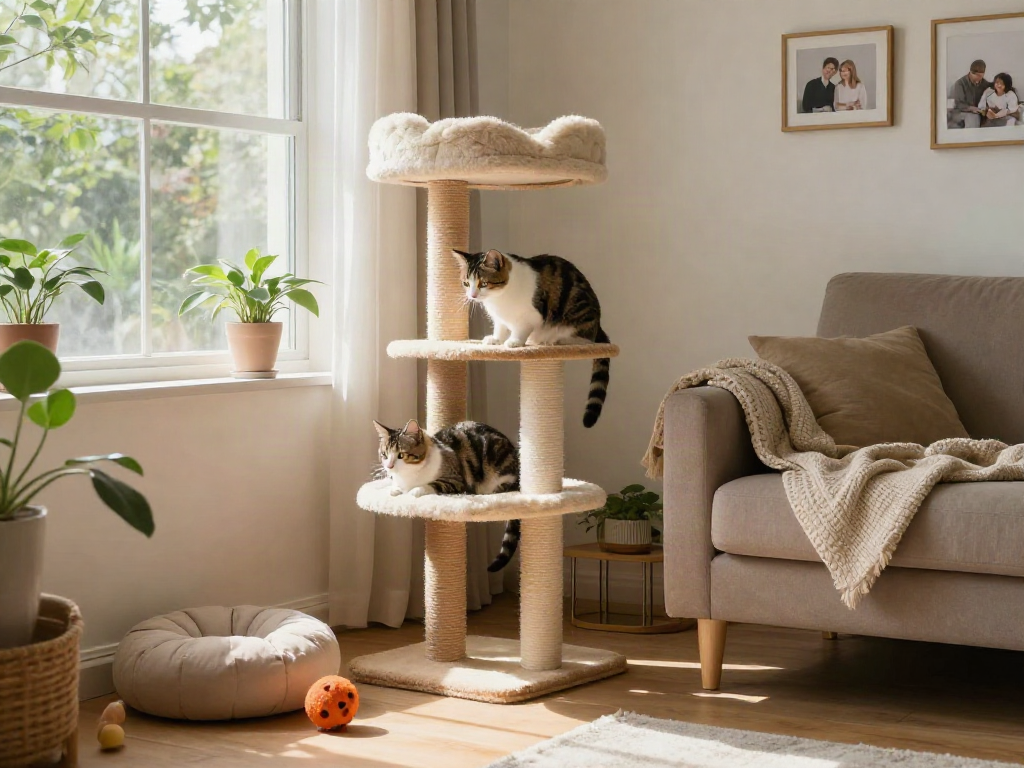 Stylish cat tower in a bright living room with an indoor cat exploring