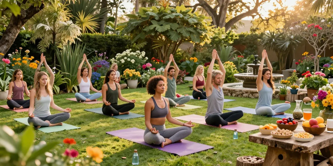 Visit website for wellness tips and mindfulness practices in a serene garden setting with friends.